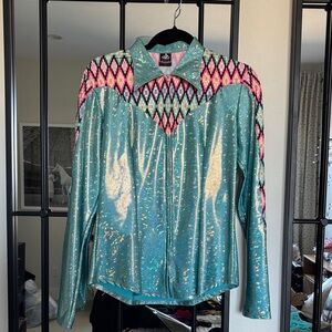 SUNDIAL SHOW CLOTHING Teal Metallic Button-Down Shirt with Pink Aztec Yoke